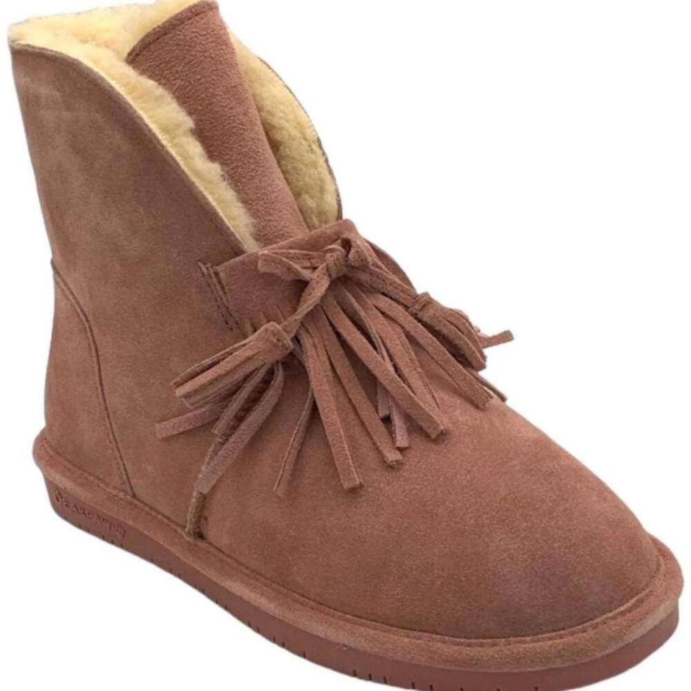 Bearpaw Christie Pinkish Suede Sheepskin Fringe Boots